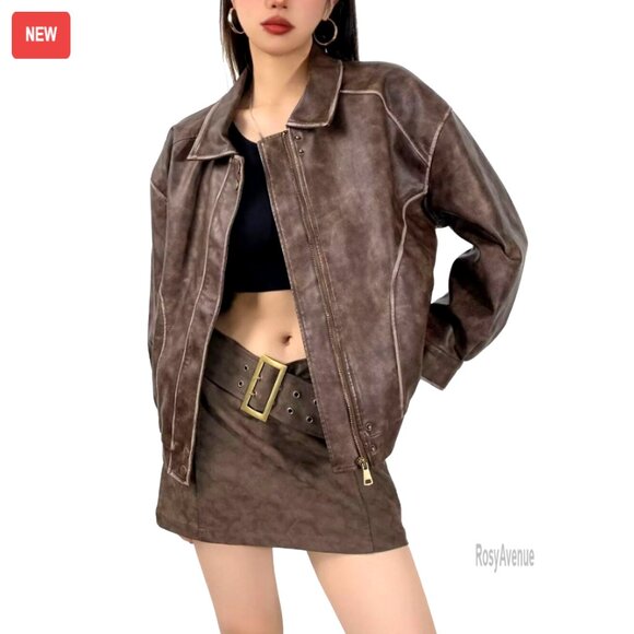 Distressed Faux Leather Bomber Jacket Oversized Motorcycle Style - Picture 1 of 6